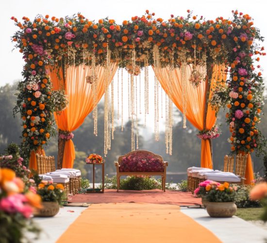 wedding-ceremony-with-orange-flowers-orange-curtains